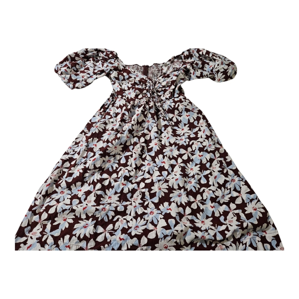 Free Assembly Floral Puff Sleeve Midi Dress Brown White Daisies Size Medium